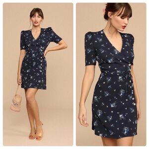 Rouje Dress Gabinette Side Button Wrap Mini in Marine Bouquet Navy Floral